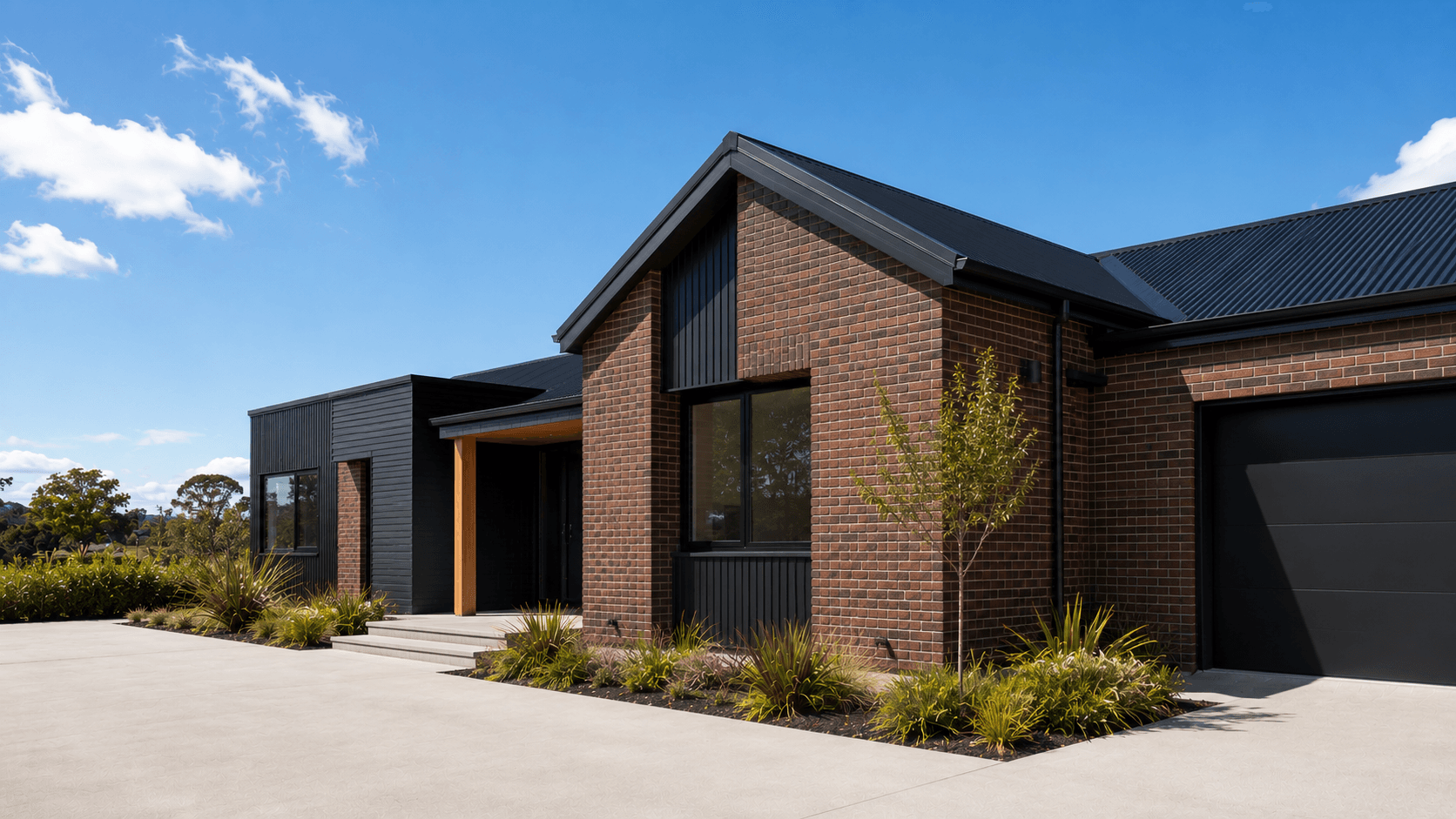 Contemporary New Zealand-style brick home in clear daylight