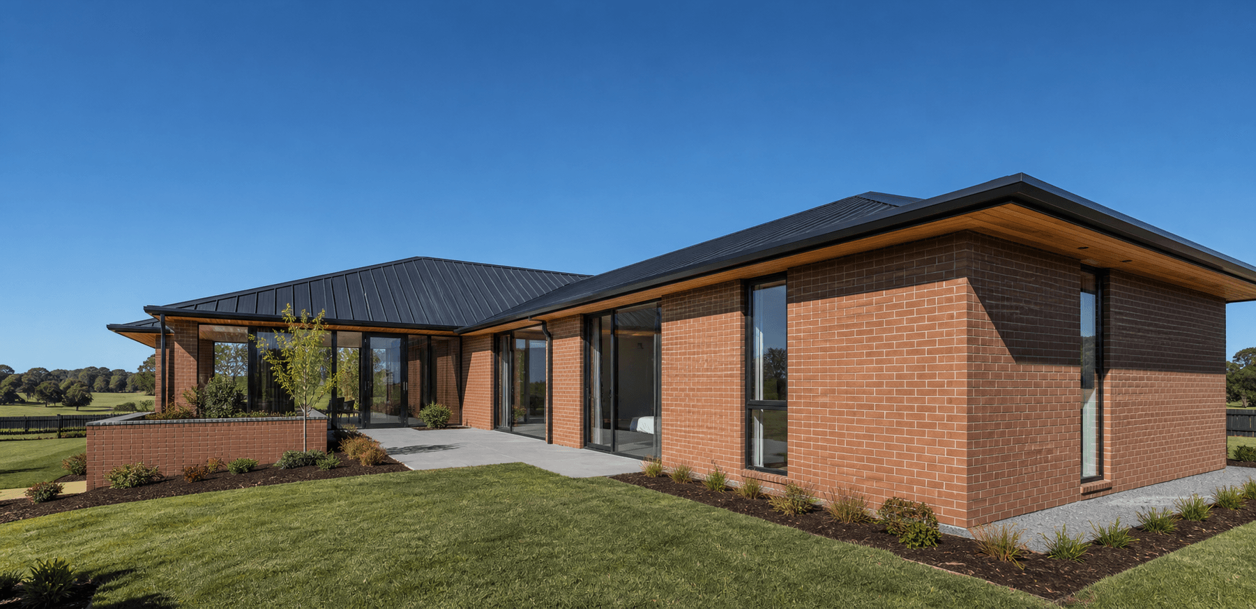 Completed red-brown brick home in a Waikato setting
